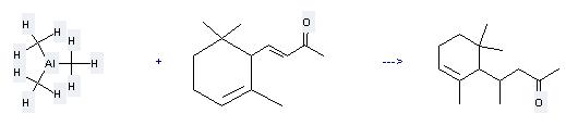 Alpha-Ionone can react with trimethylaluminium to get 4-(2,6,6-trimethyl-2-cyclohexen-1-yl)-2-pentanone. 